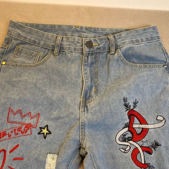 GB Design Woman's Jeans 32 With Embroidered Graphic Patches & Ripped Details - Picture 13 of 15